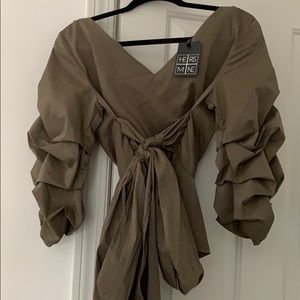 Army green ruffled blouse